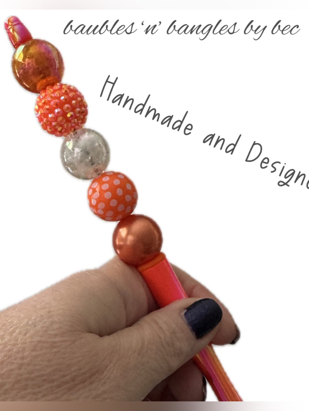 Handmade Beaded Pen- Orange & Iridescent